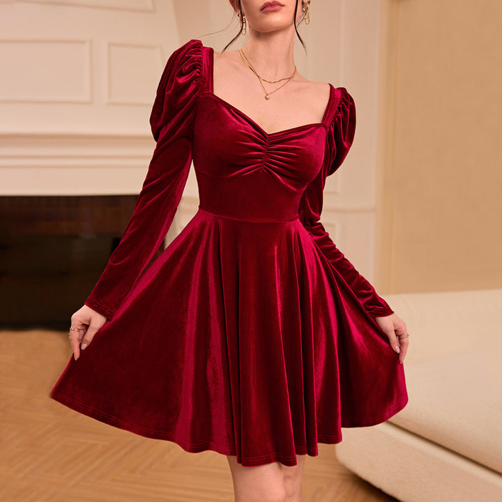 Robe Mini en Velours Élegante pour Femmes avec Détails de Manches Bouffantes et Chic Col en V Levoire