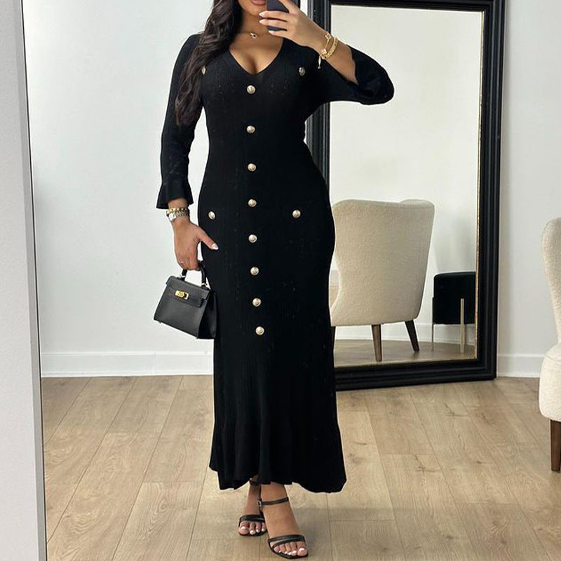 Robe maxi femme avec un élégant design de boutons et un tricot côtelé sophistiqué Levoire