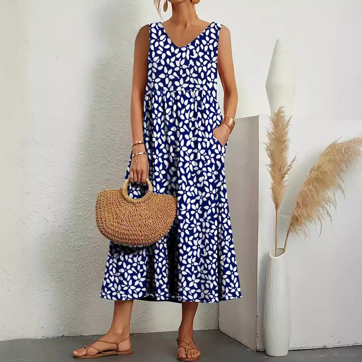 Levoire | Robe d'été imprimée à encolure en V sans bretelles élégante avec poches Bleu