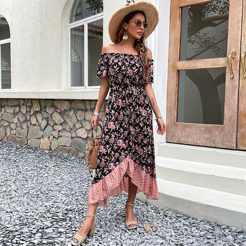 Robe maxi femme à épaules dénudées avec motif floral et fente haute Levoire