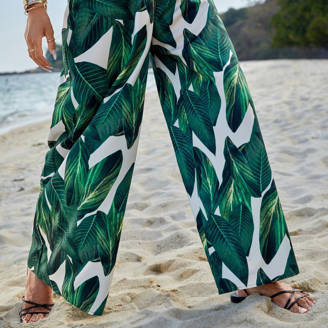 Pantalons de plage amples pour femmes avec motif de feuilles tropicales et taille élastique Levoire