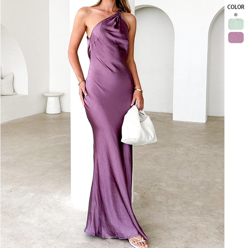 Robe Maxi Élégante pour Femme avec Bretelle Asymétrique et Coupe Fluide Levoire