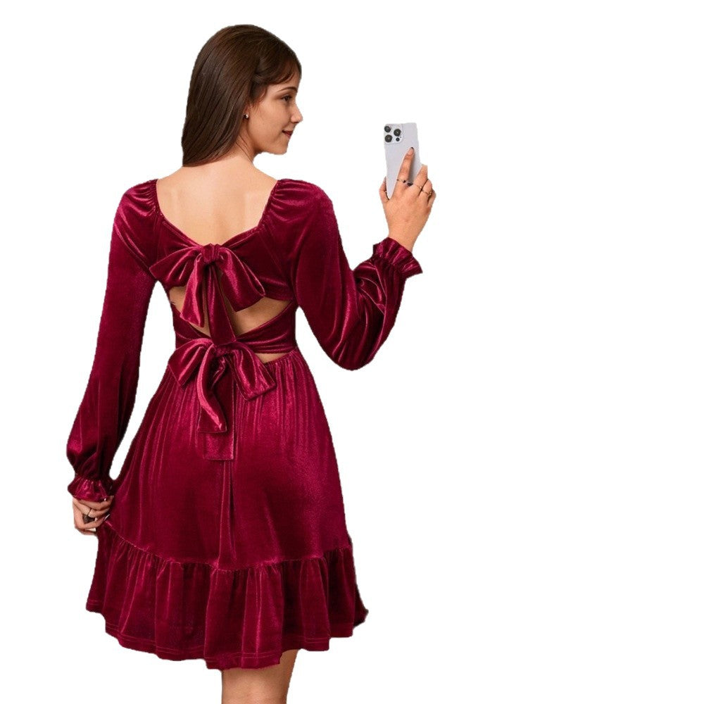 Robe minime en velours pour femmes avec volants et manches bouffantes de bon goût Levoire