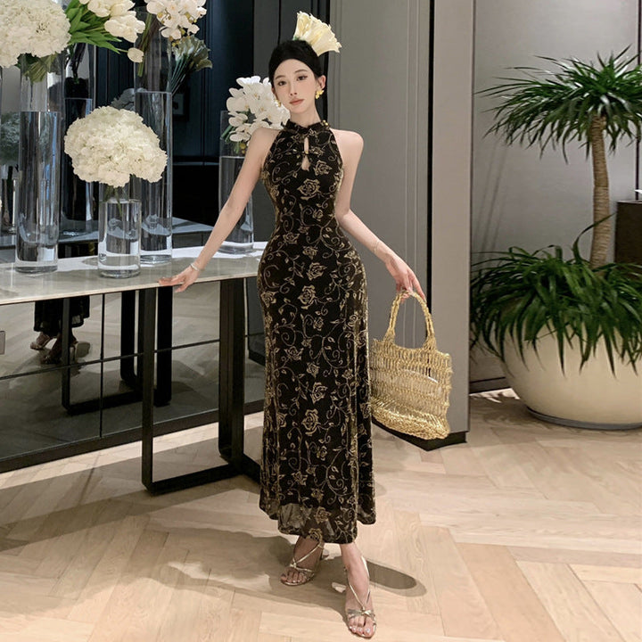 Levoire | Robe Cheongsam à encolure halterneck imprimée