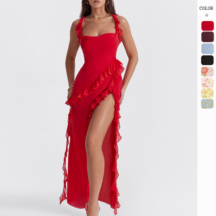Robe asymétrique élégante pour femmes avec détails en volants et motif floral Levoire