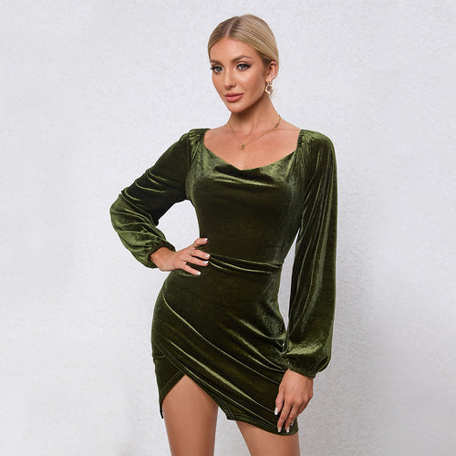 Robe mini en velours pour femme avec un col en œillet élégant et des manches bouffantes élégantes Levoire