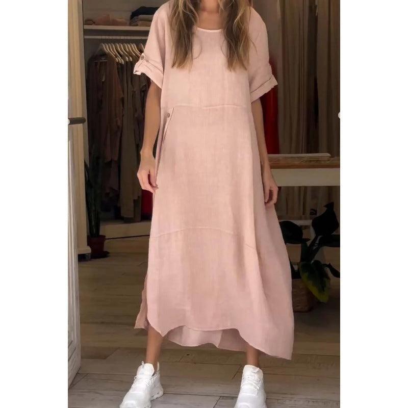 Levoire | Robe en coton-lin à manches courtes unie relaxante et ample Rosa