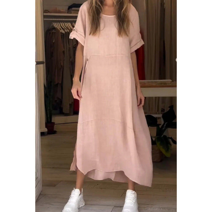 Levoire | Robe en coton-lin à manches courtes unie relaxante et ample Rosa