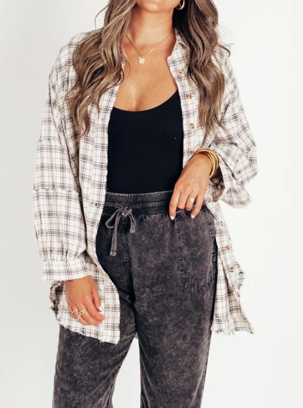 Veste chemise surdimensionnée décontractée pour femmes avec motif à carreaux Levoire