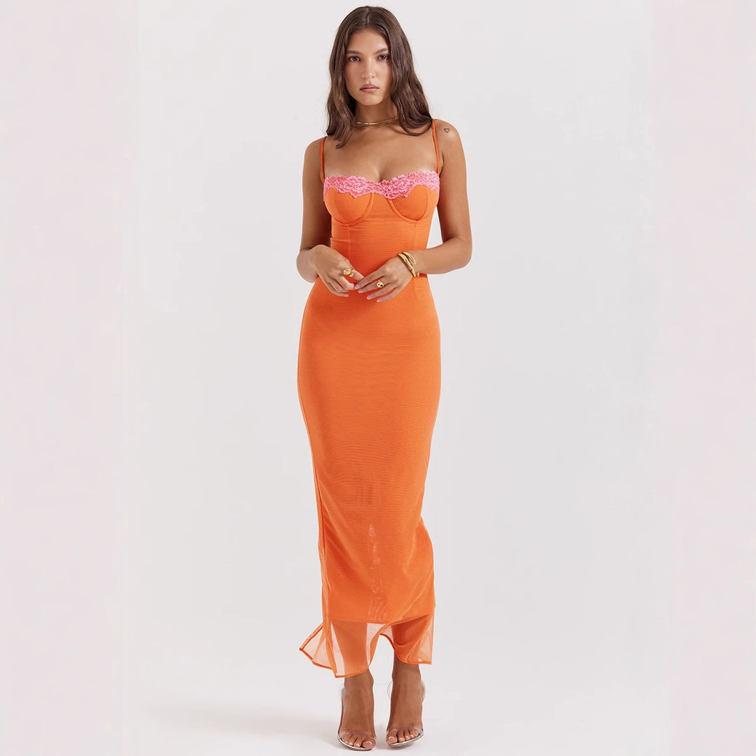 Robe Maxi Élégante Femme avec Encolure en Cœur et Inserts Transparents Levoire