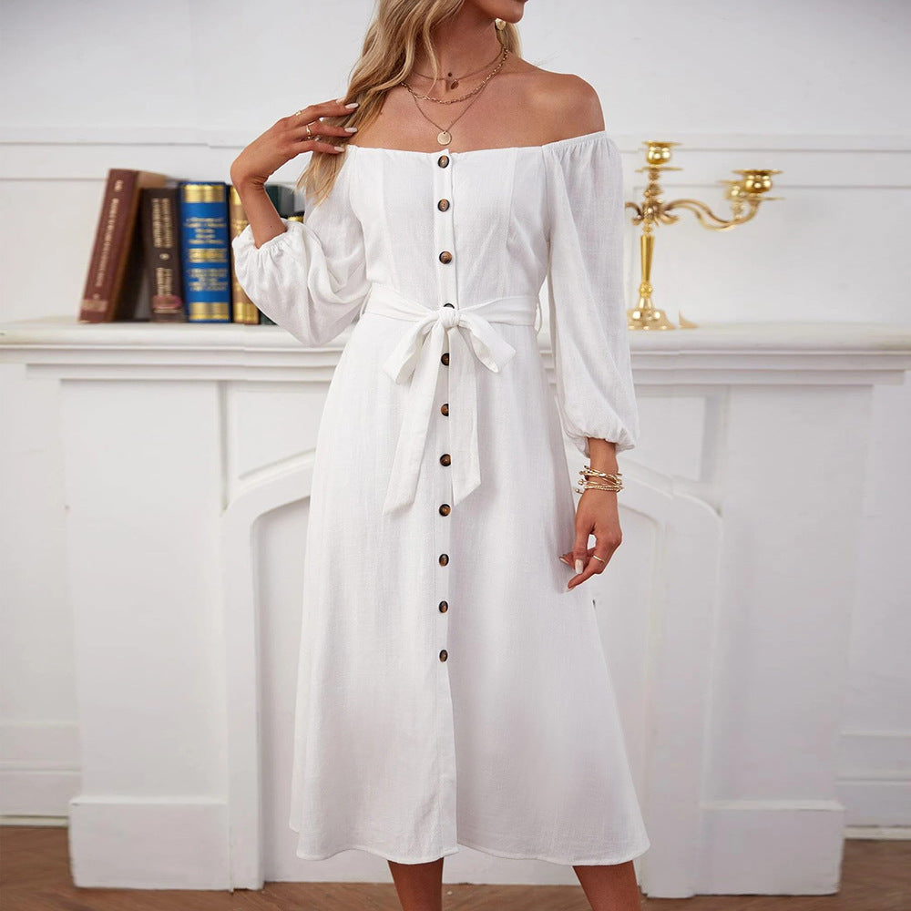 Robe maxi femme à épaules dénudées et boutons décoratifs Levoire