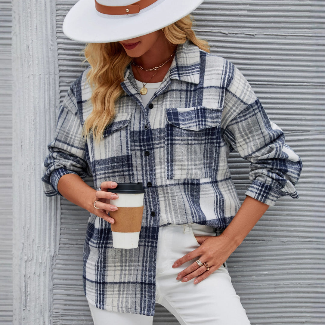 Blouse Carreauté Décontractée Femme en Flanelle Douce avec Patte de Boutonnage Levoire