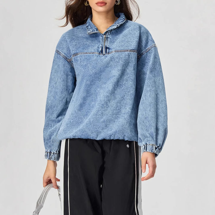 Pull en denim pour femmes, ample, avec col montant et fermeture éclair Levoire