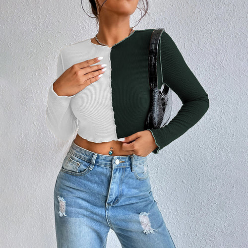 Chemise femme à manches longues cropped avec deux couleurs et design en rib tendance Levoire