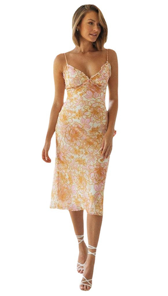 Robe en chiffon floral pour femme avec de charmantes bretelles spaghetti et un buste élastique Levoire