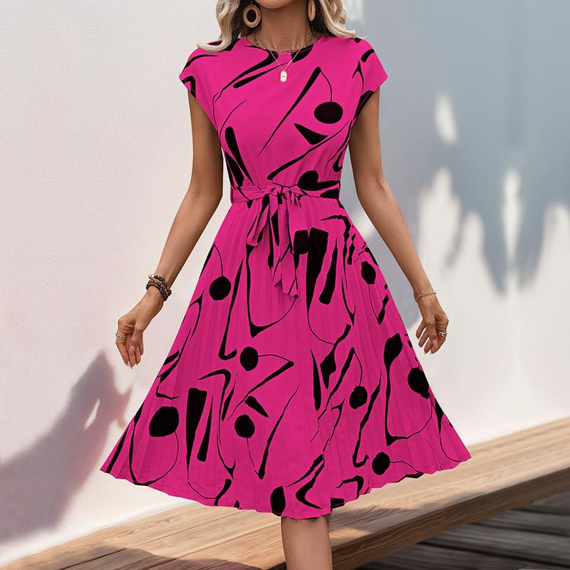 Robe maxi plissée pour femmes avec motif artistique et ceinture à nouer ajustable Levoire