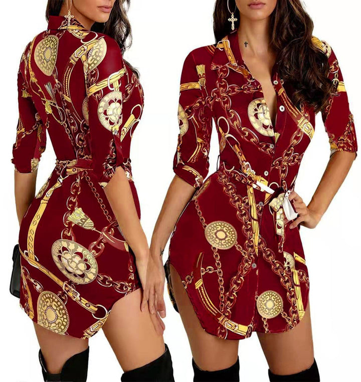 Levoire | Élégant Robe Imprimée Mi-Longue Couleur Or Bordeaux