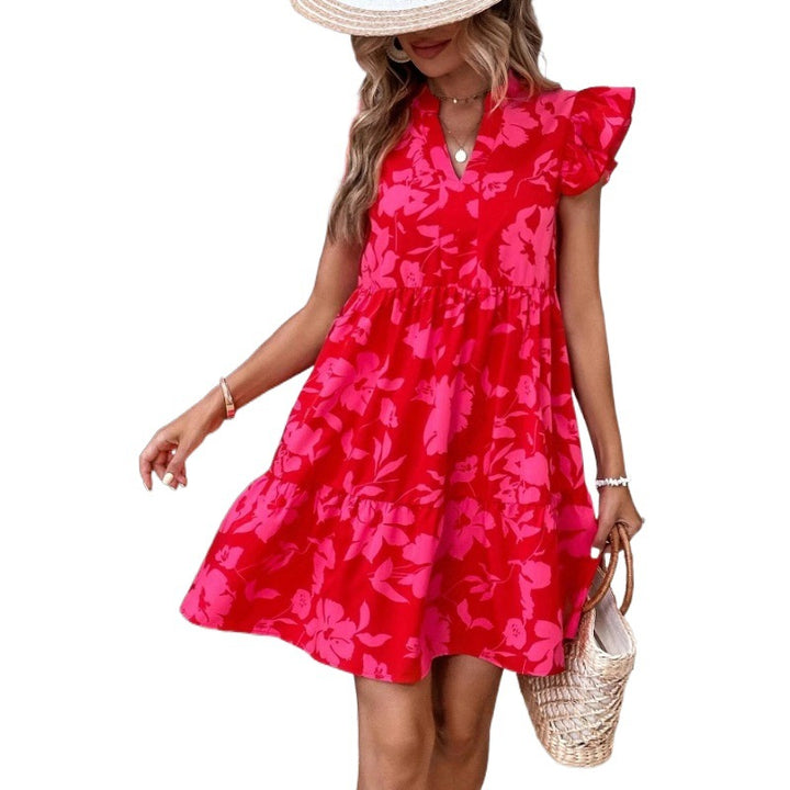 Robe d'été florale pour femmes avec des détails de volants volumineux et un élégant décolleté en V Levoire