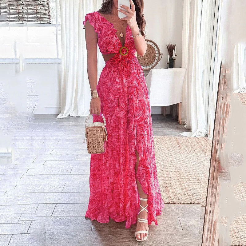 Robe maxi longue pour femmes avec design élégant à découpes et encolure à volants Levoire