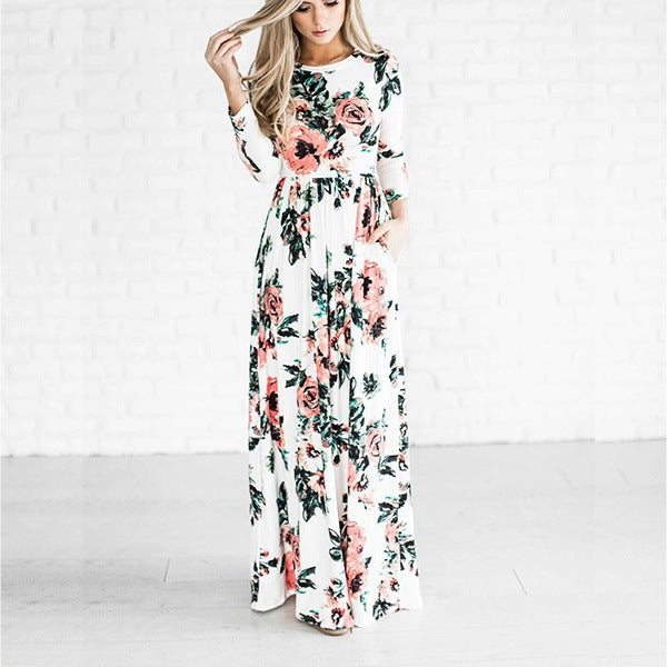 Levoire | Robe à fleurs Robe longue Robe à fleurs Jupe large Robe Blanc Manches longues