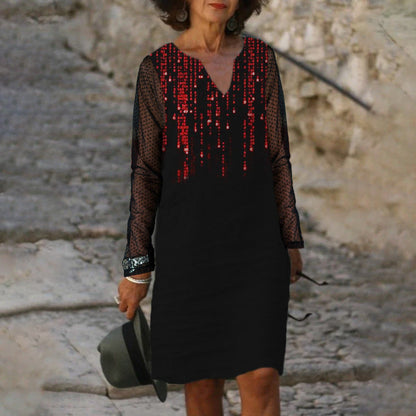 Levoire | Élégant Imprimé V-cou Manches Longues Robe en Dentelle Rot