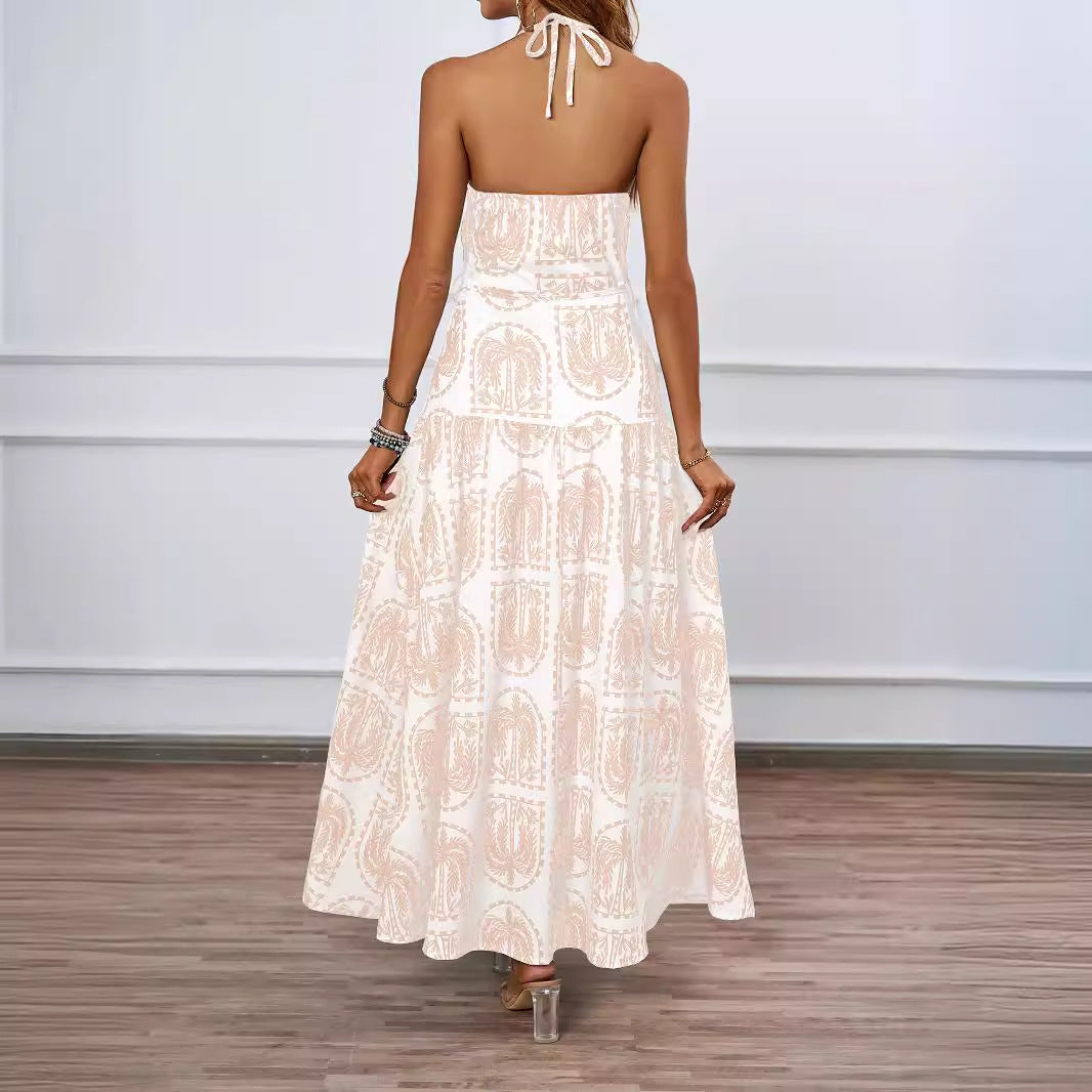Robe maxi femme avec imprimé graphique fin et col halter ajustable Levoire