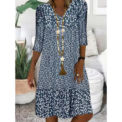 Levoire | Robe midi à col en V avec manches trois quarts à imprimé élégant Bleu