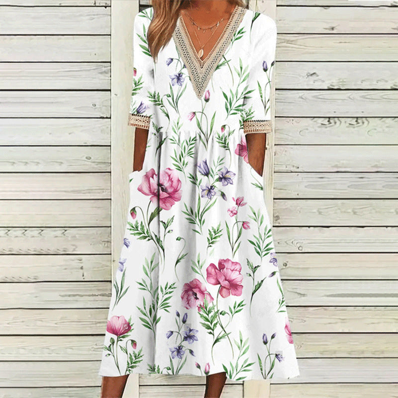 Levoire | Élégant Imprimé V-Découpe dentelle Trois-Quarts-manches robe 1#Blanc