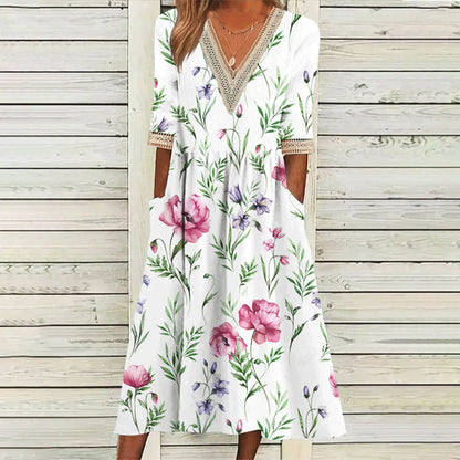 Levoire | Élégant Imprimé V-Découpe dentelle Trois-Quarts-manches robe 1#Blanc