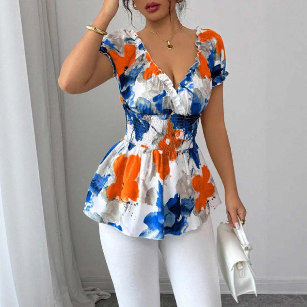 Blouse femme avec volants floraux et taille élastique Levoire