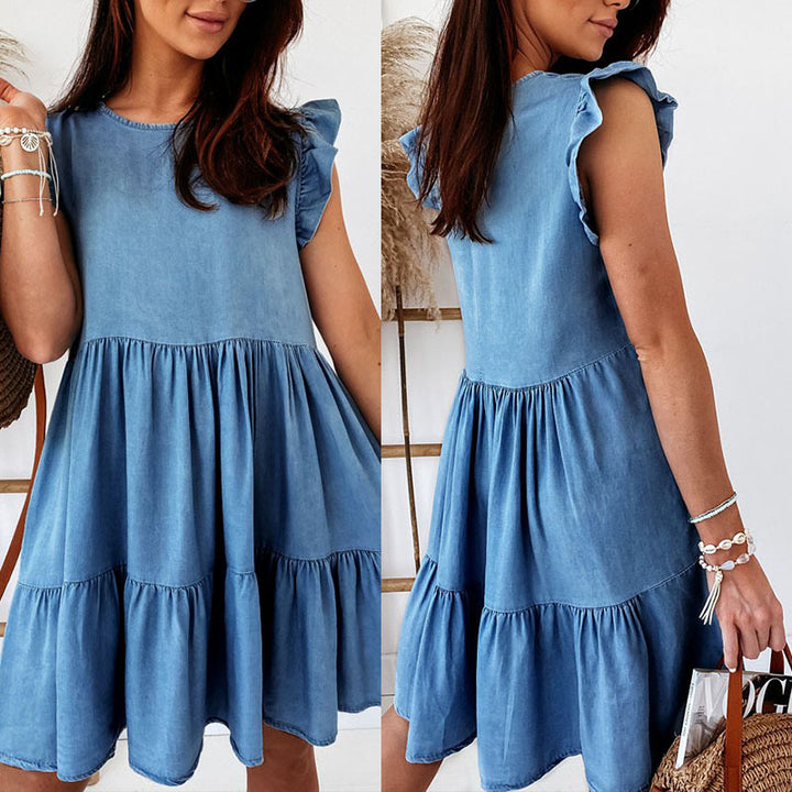 Robe en coton décontractée pour femmes avec des détails de volants volumineux et une coupe en A Levoire