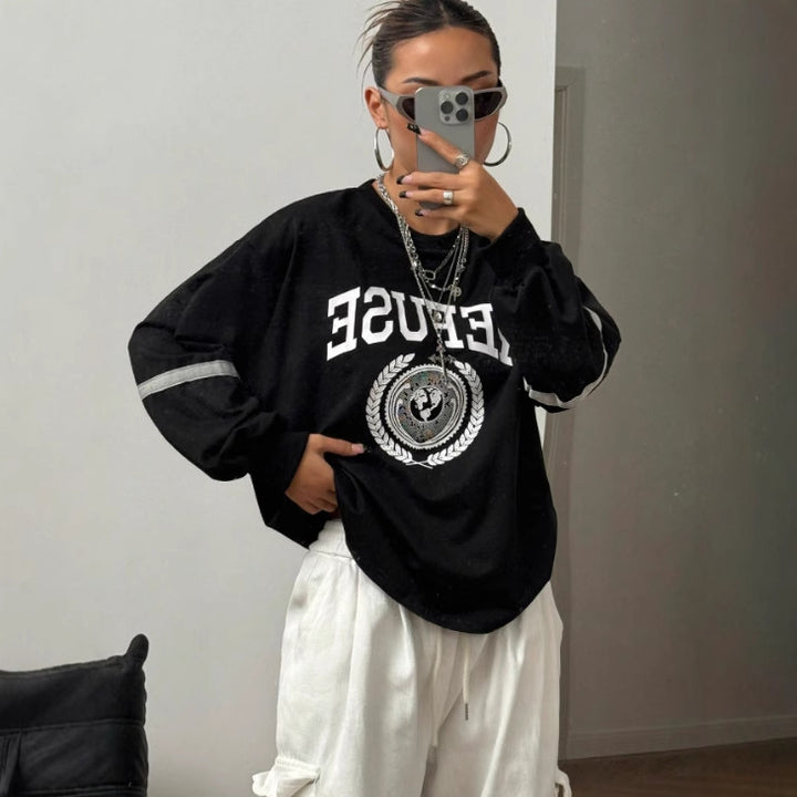 Sweatshirt Femme Surdimensionné avec Grand Imprimé et Accents Décoratifs Levoire