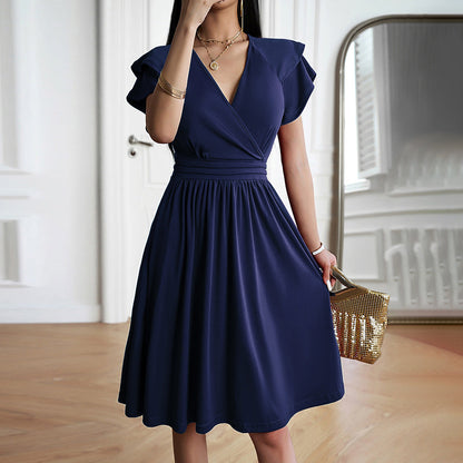 Levoire | Robe midi à col en v à la mode pour femmes Bleu Marine