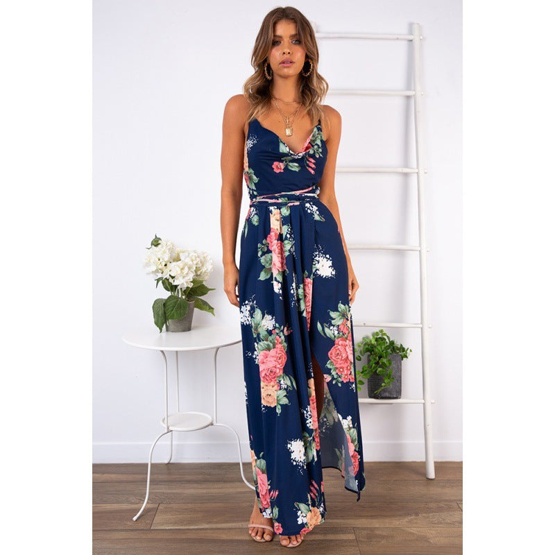 Robe maxi femme avec motif floral ludique et élégant col en V Levoire