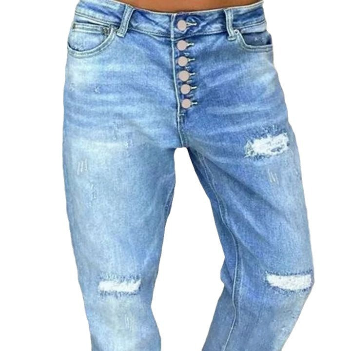 Jeans pour femmes à coupe décontractée avec boutons hauts et détails usés Levoire