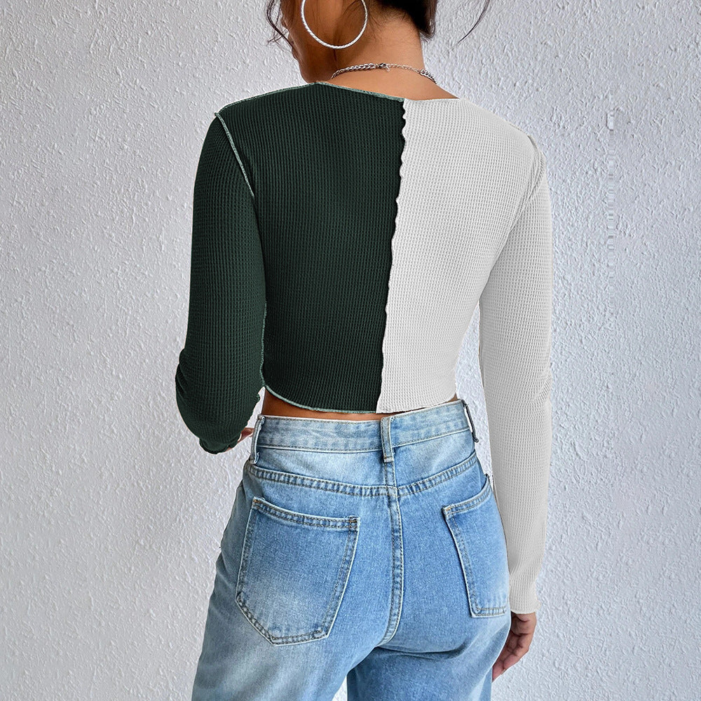 Chemise femme à manches longues cropped avec deux couleurs et design en rib tendance Levoire