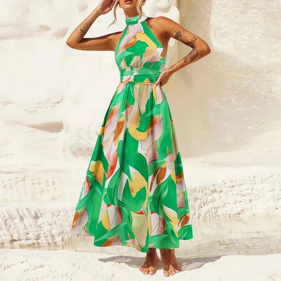 Levoire | Robe sans manches pour femmes avec col montant en tissu imprimé Vert