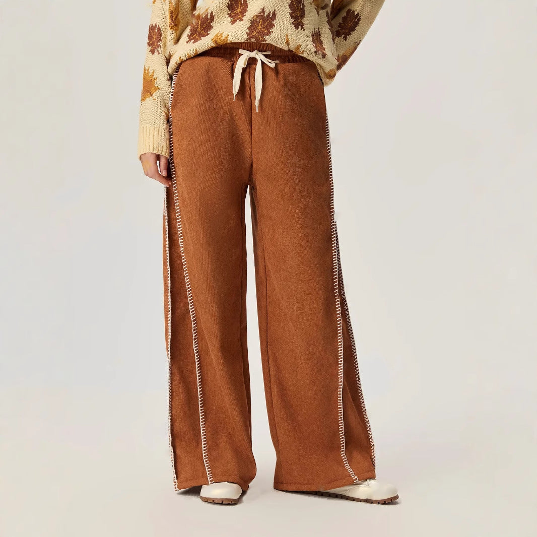 Pantalons décontractés à coupe large pour femmes en velours doux avec une taille élastique et un cordon décoratif Levoire