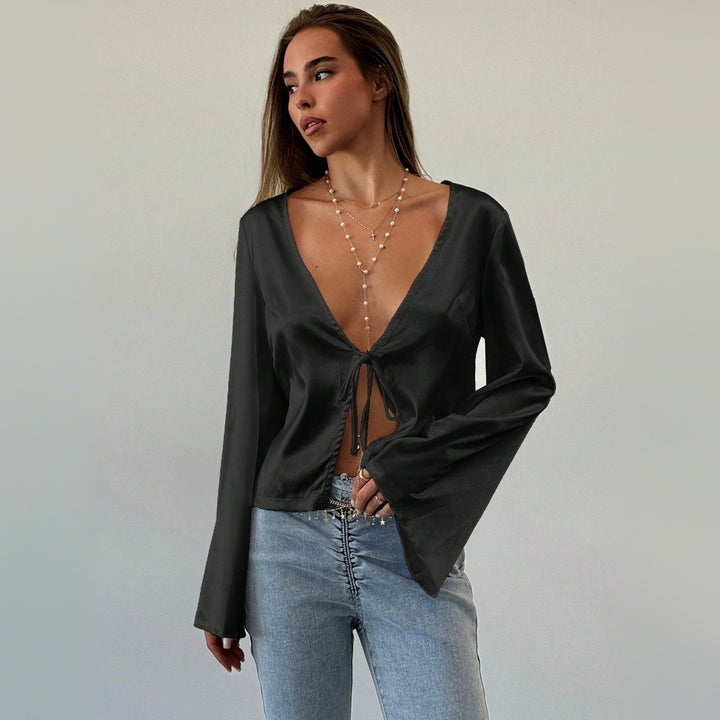 Blouse élégante pour femmes avec un décolleté en V profond et un détail de nœud décontracté Levoire