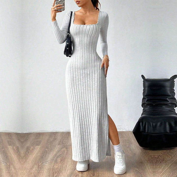 Robe Maxi Femme avec Tricot Côtelé Élégant et Fente Chic Levoire