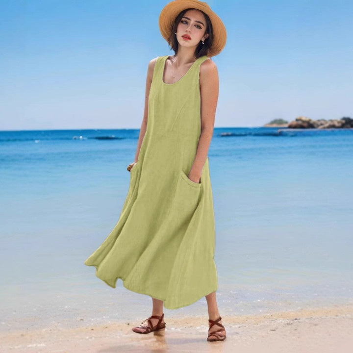 Levoire | Robe en lin Sac d'été Sans manches Col rond Robe Vert clair