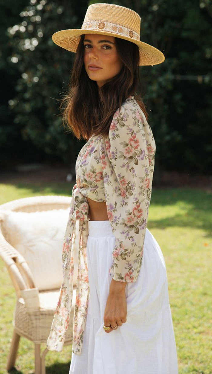 Top court pour femmes avec motif floral et ceinture à nouer Levoire
