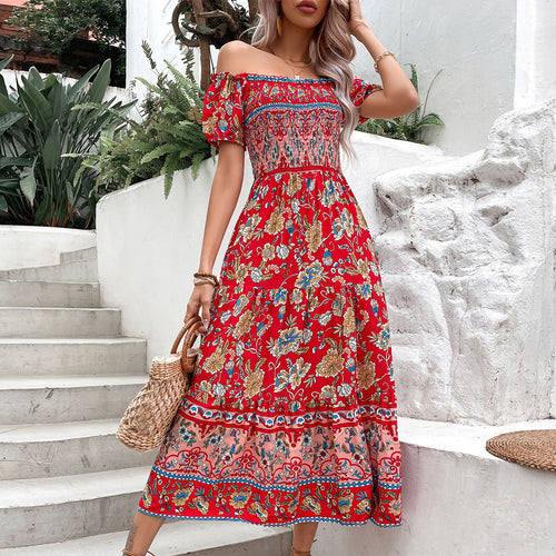 Robe Maxi Femme à Épaules Dénudées avec Imprimés Floraux et Ceinture Élastique Levoire