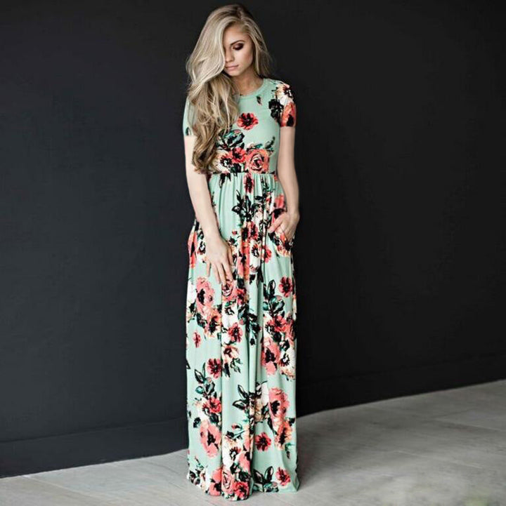 Levoire | Robe à fleurs Robe longue Robe à fleurs Jupe large Robe Robe verte à manches courtes