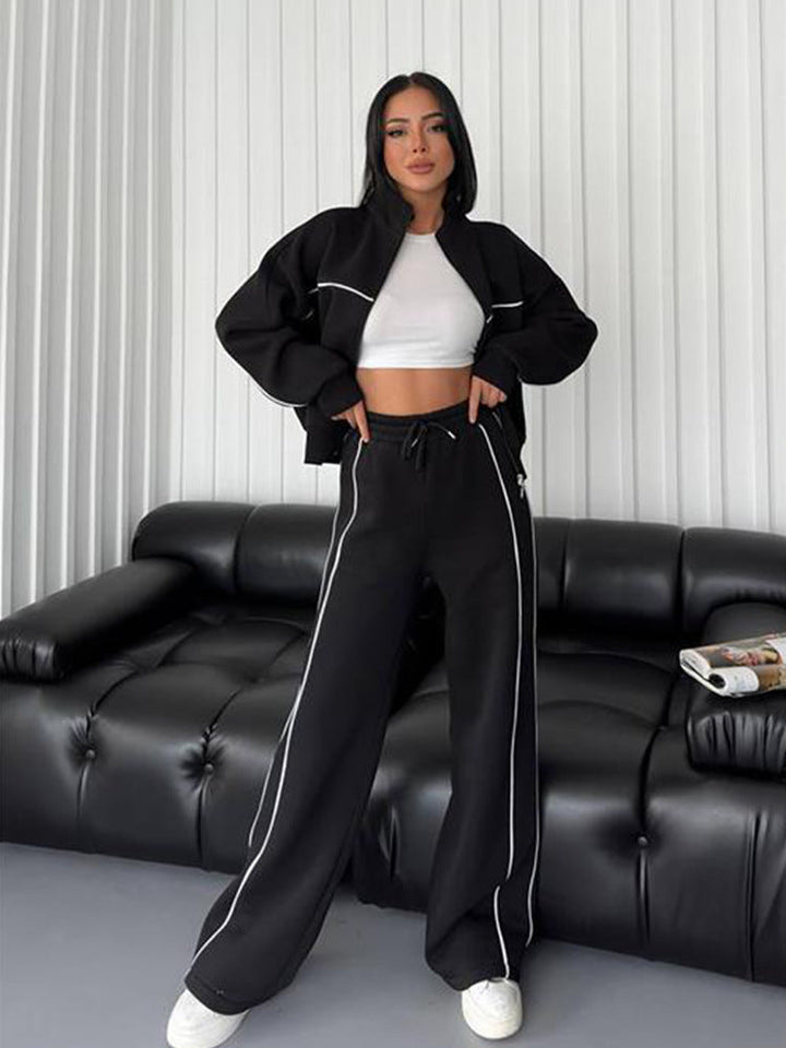 Levoire | Trendy Camp Cardigan Sweatshirt Deux-en-un Pantalons Rayés Set noir