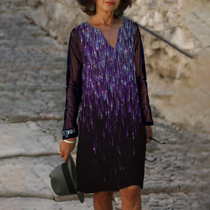 Levoire | Élégant Imprimé V-cou Manches Longues Robe en Dentelle Violet