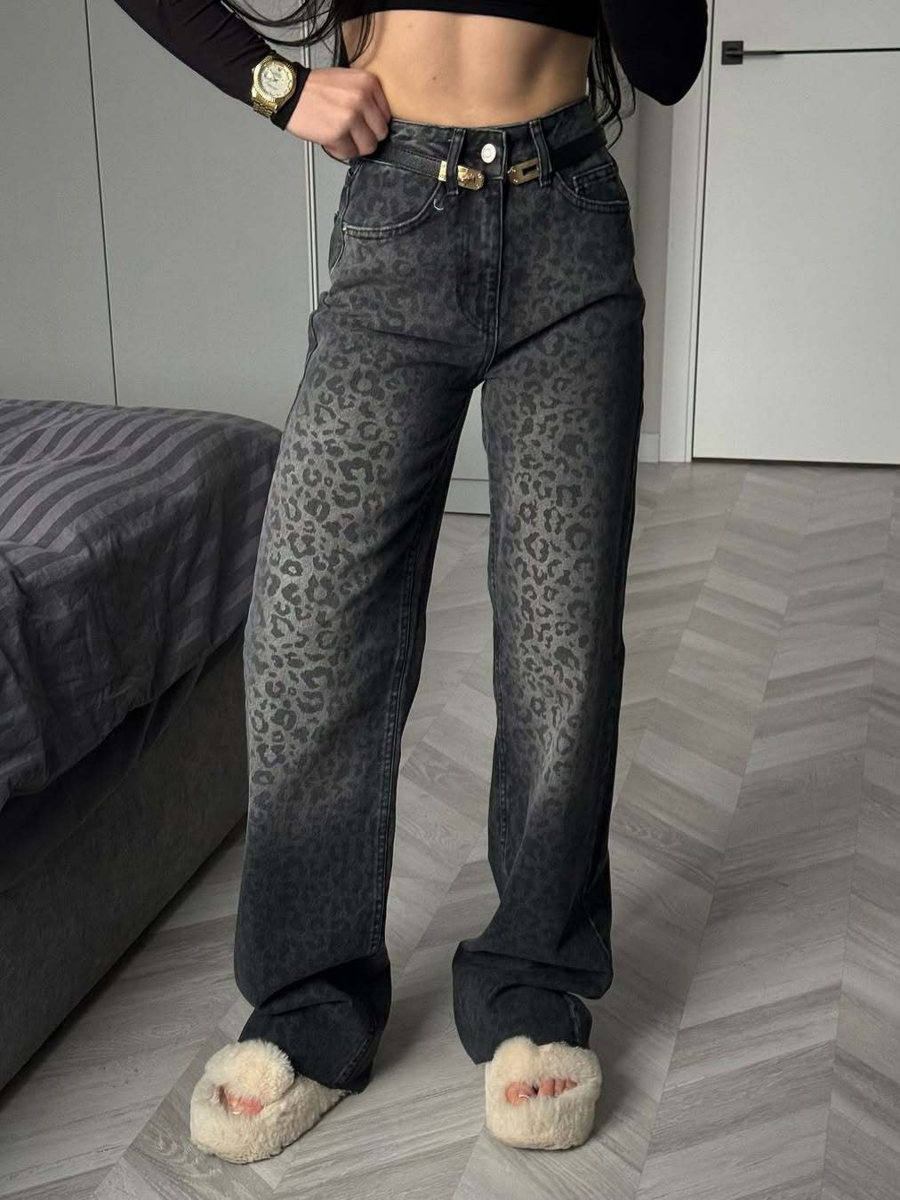 Jeans taille haute pour femmes avec imprimé léopard et jambe large Levoire