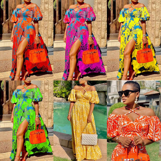 Levoire | Élégant Halter-decolleté Maxi-Robe à Manches Off-Shoulder V