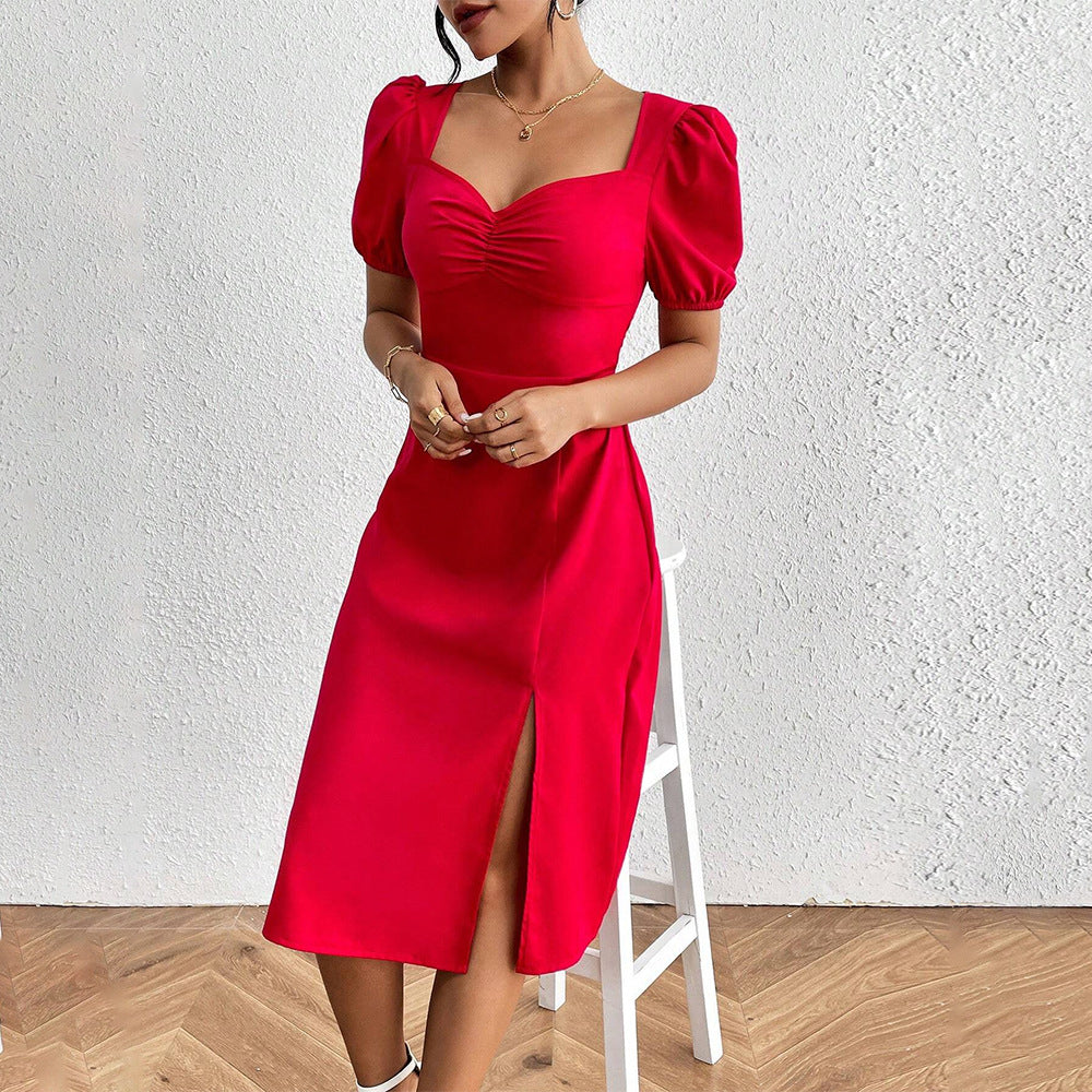 Robe midi pour femmes avec manches bouffantes et fente latérale élégante Levoire