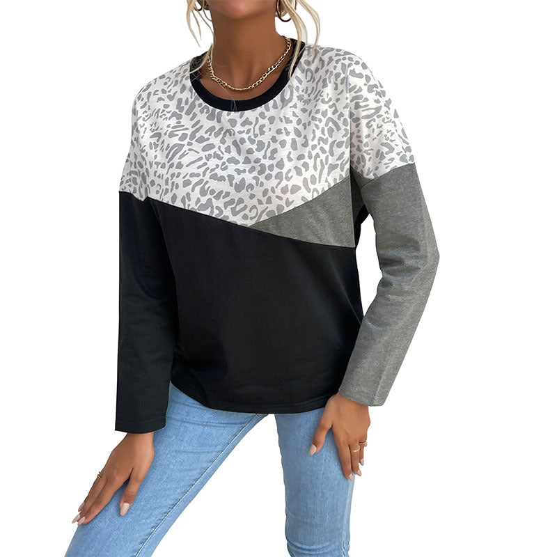 Chemise longue à manches longues pour femmes avec impression léopard créative et rayures en blocs Levoire